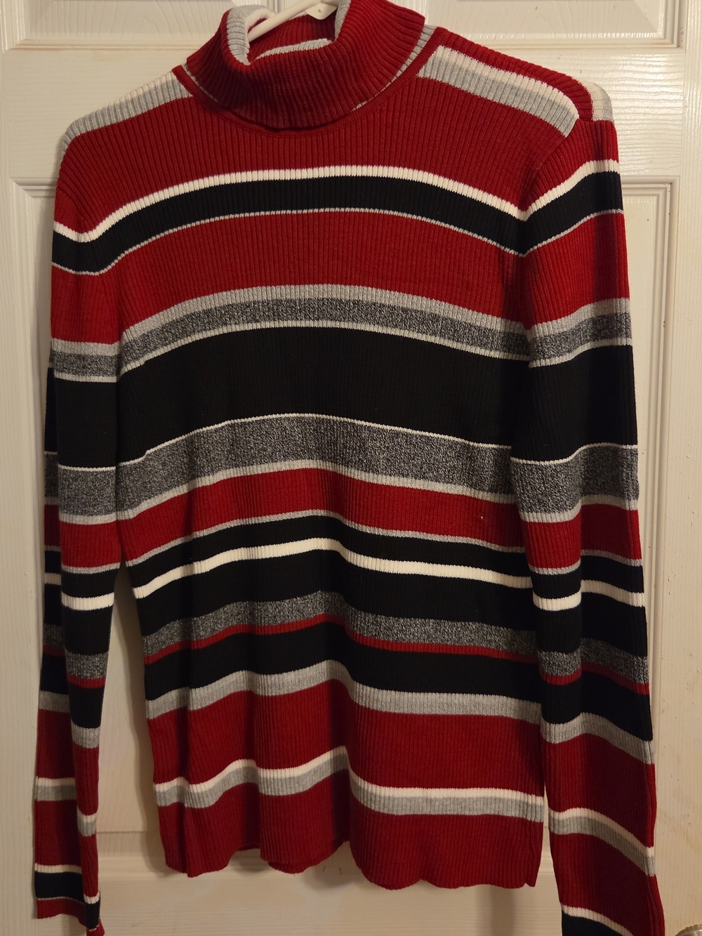 liz & co. Women's Red Black Gray Striped Turtleneck Sweater